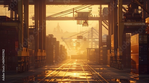 Serene Golden Light Over Efficient Shipping Port with Stacked Cargo Containers and Sleek Crane Structures