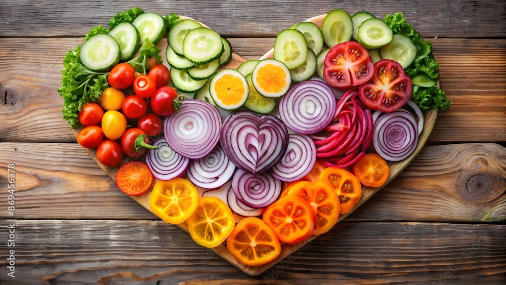 Heart-Shaped Vegetable Arrangement on Rustic Wooden Background Heart-Shaped Vegetable Arrangement on Rustic Wooden Background