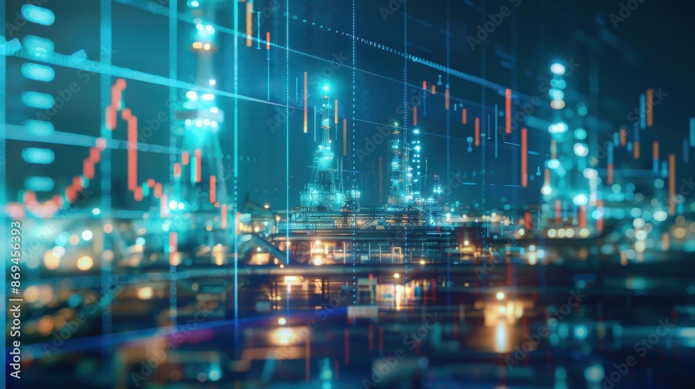 Fototapeta premium A double exposure of oil pump jacks with digital graphs and charts, illustrating the concept of energy trading on stock markets or neon light hologram displays in a blue sky background.