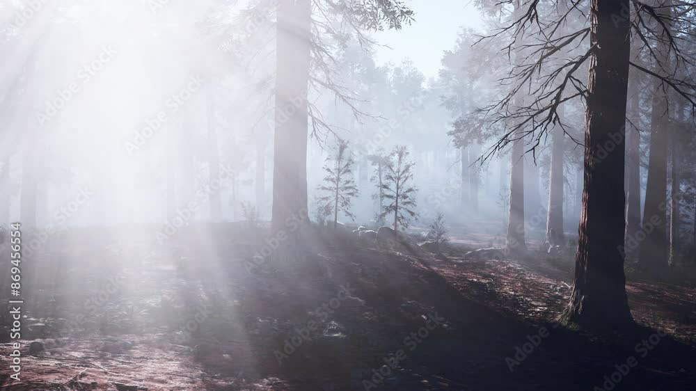 A foggy forest with thick mist covering numerous tall trees, creating a mysterious and eerie atmosphere.