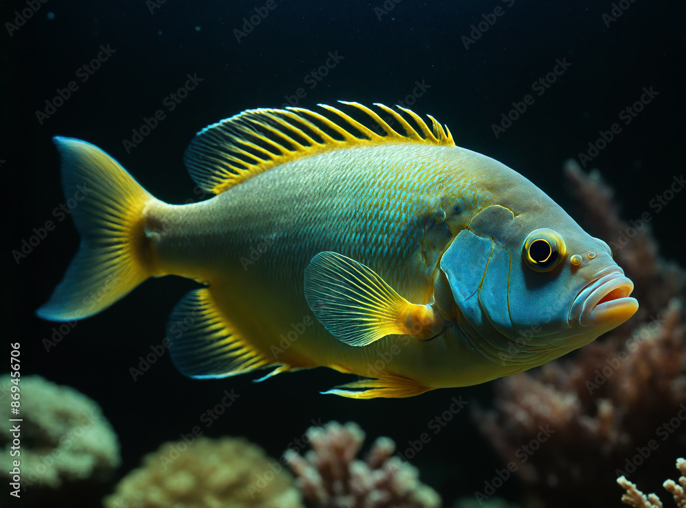 Blue and Yellow Fish in Aquarium with Coral Blue and Yellow Fish in Aquarium with Coral