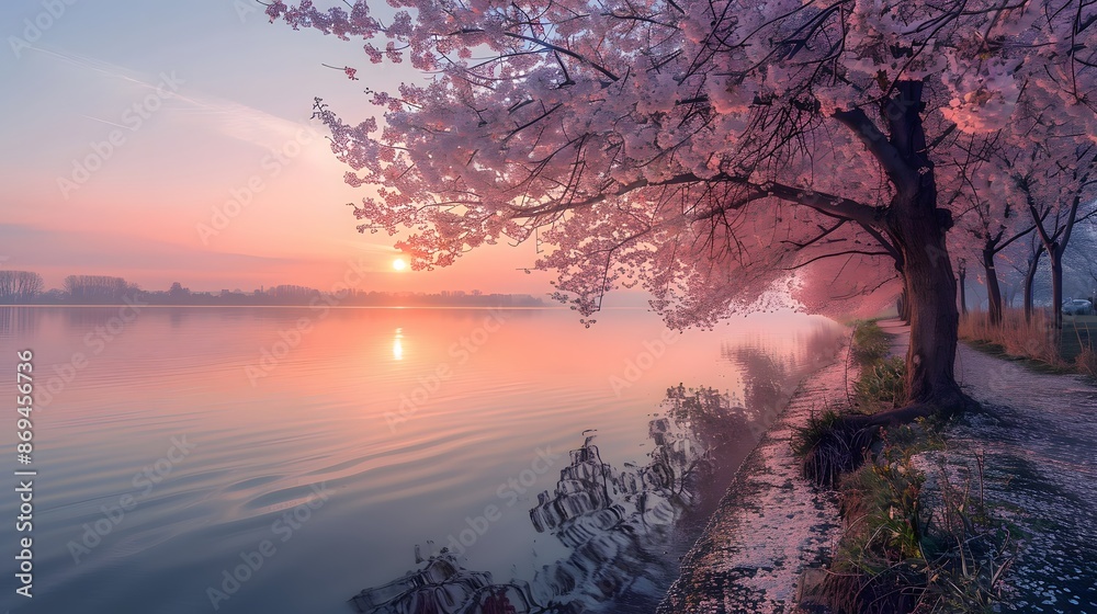 Fototapeta premium A serene lakeside path lined with blooming cherry blossoms on the right and a calm, reflective lake to the left, under a clear sky at dawn.