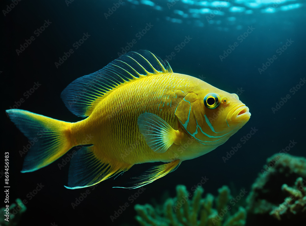 Yellow Fish Swimming in Blue Underwater World Yellow Fish Swimming in Blue Underwater World