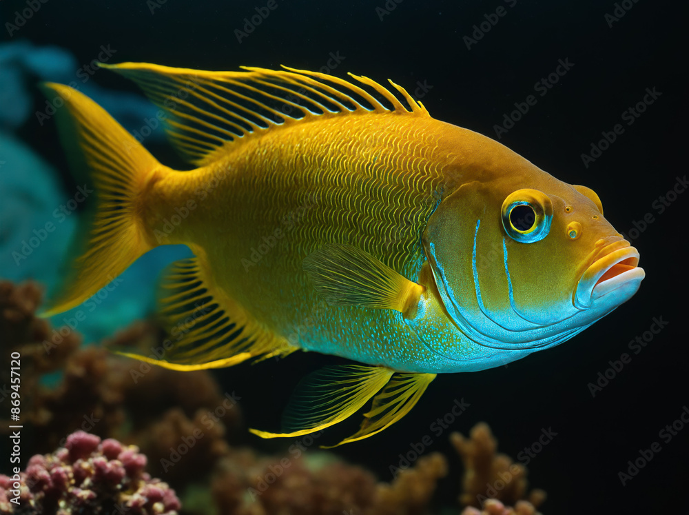Golden Fish in Aquarium with Dark Background and Coral Golden Fish in Aquarium with Dark Background and Coral