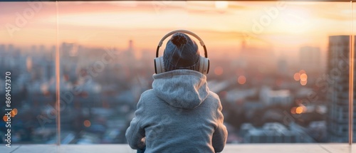 Person sitting on a balcony with headphones, overlooking the city at dusk, relaxed lo-fi vibes