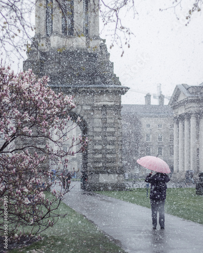 Photography woman walking in Trinity College in Dublin Winter