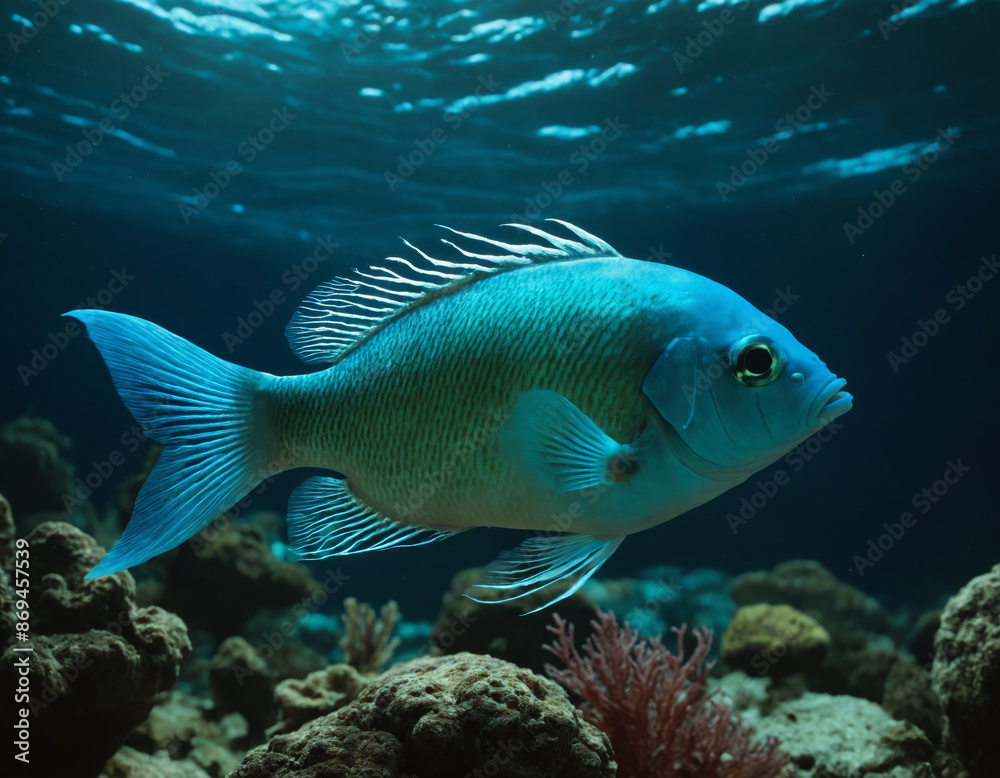 Naklejka premium Blue Fish Swimming in Ocean with Rocky Background