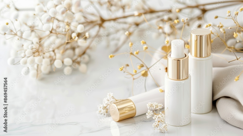 Luxurious cosmetic bottles with gold accents on a marble surface, elegant background, copy space on top Luxurious cosmetic bottles with gold accents on a marble surface, elegant background, copy space on top