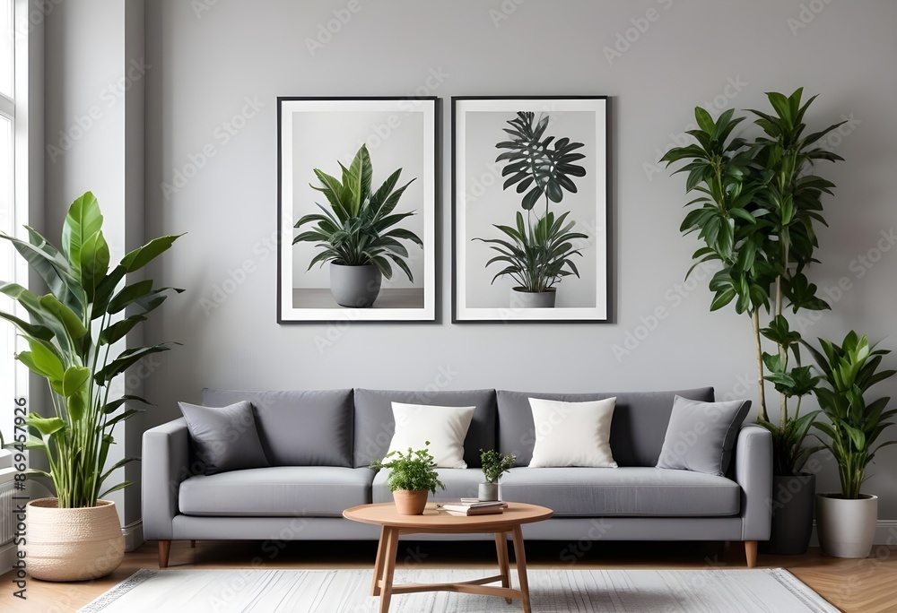 Warm and Cozy Composition of spring living room interior with mock-up poster frame, wooden sideboard, white sofa, green stand, base with leaves, plants, and stylish lamp.Generative AI Warm and Cozy Composition of spring living room interior with mock-up poster frame, wooden sideboard, white sofa, green stand, base with leaves, plants, and stylish lamp.Generative AI