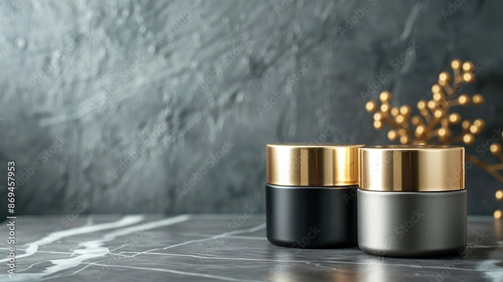 Gold and black luxury cosmetic containers on a dark marble surface, copy space on top, elegant presentation Gold and black luxury cosmetic containers on a dark marble surface, copy space on top, elegant presentation