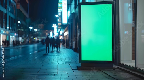Unique and attractive vertical blank green screen billboard mock-up at a train station, vibrant shopping district