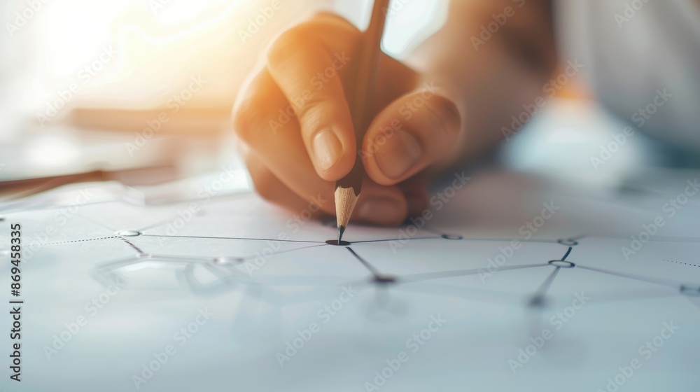 Close-up of drawing a strategic plan with goals and objectives, business strategy, future planning Close-up of drawing a strategic plan with goals and objectives, business strategy, future planning