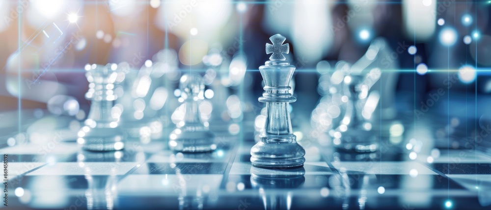 Chess pieces on a board with a superimposed image of a business meeting, double exposure, collaborative strategy Chess pieces on a board with a superimposed image of a business meeting, double exposure, collaborative strategy
