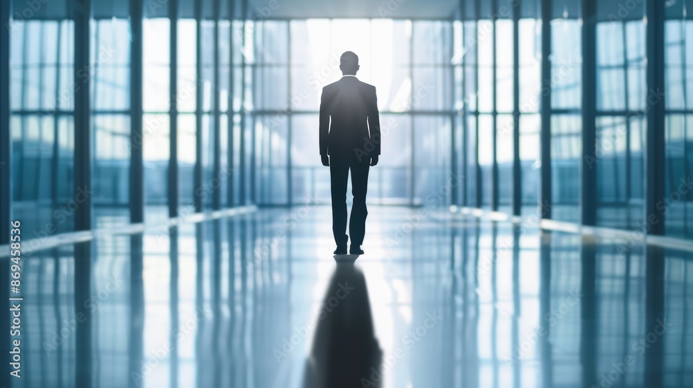 Business leader with a wolf shadow in a corporate hallway, strategic deception, hidden threat Business leader with a wolf shadow in a corporate hallway, strategic deception, hidden threat