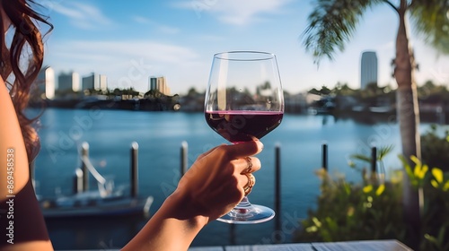 Hand of group friends celebrate successfully with red wine in the party. Young toasting in party and drinking after work hard for relax and be enjoy. Celebration Concept
 photo