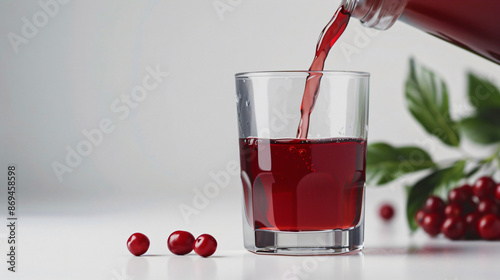 berry juice is poured into a glass on white background