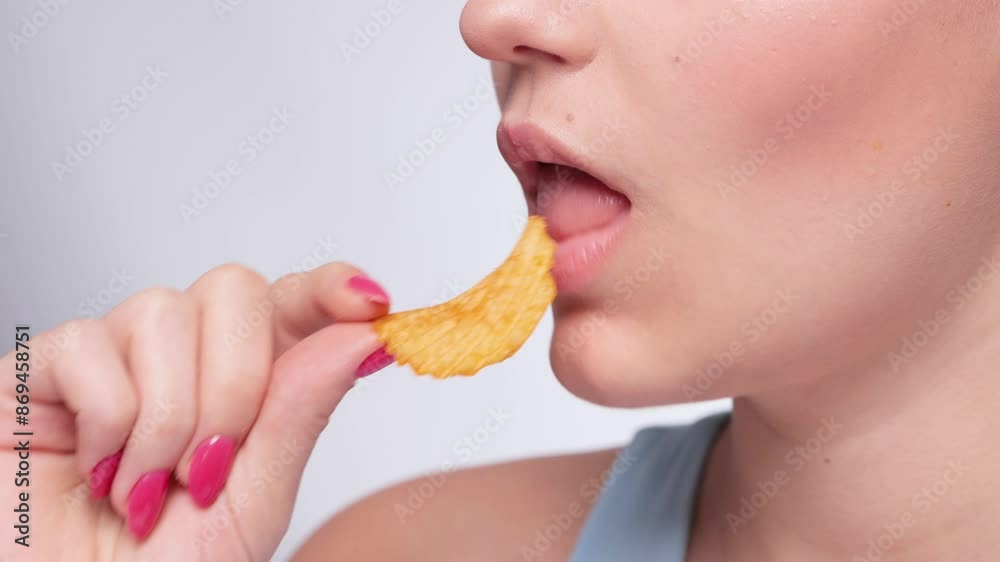A young girl with beautiful makeup in a blue sweater eats potato chips. The concept of fast, unhealthy food. A young girl with beautiful makeup in a blue sweater eats potato chips. The concept of fast, unhealthy food.