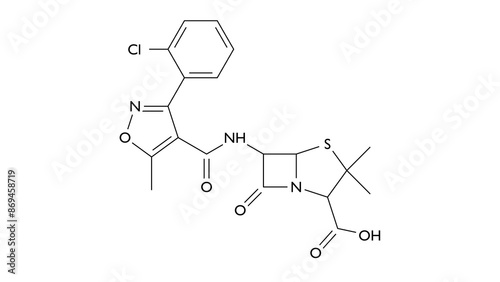 cloxacillin molecule, structural chemical formula, ball-and-stick model, isolated image antibiotic photo