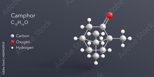 camphor molecule 3d rendering, flat molecular structure with chemical formula and atoms color coding photo