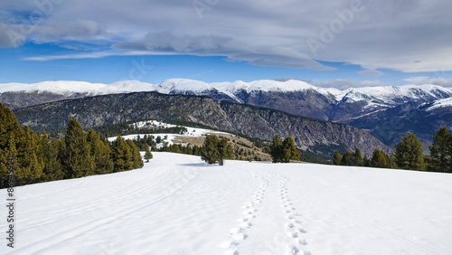 Views from the summit of Cap del Verd, the highest point of the Serra del Verd, snowy in winter (Berguedà, Catalonia, Spain, Pyrenees)