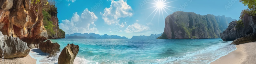 A serene seascape featuring cliffs, a turquoise ocean, sandy beach, and clear blue skies. A serene seascape featuring cliffs, a turquoise ocean, sandy beach, and clear blue skies.