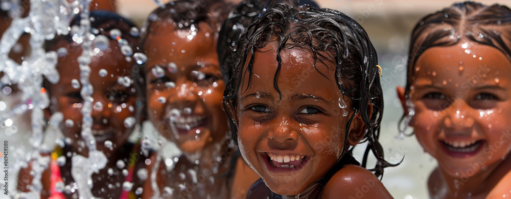 Kids of different backgrounds having fun at a splash pad, embodying childhood joy and diversity. Great for summer camp ads, family-oriented marketing, and community programs. Kids of different backgrounds having fun at a splash pad, embodying childhood joy and diversity. Great for summer camp ads, family-oriented marketing, and community programs.