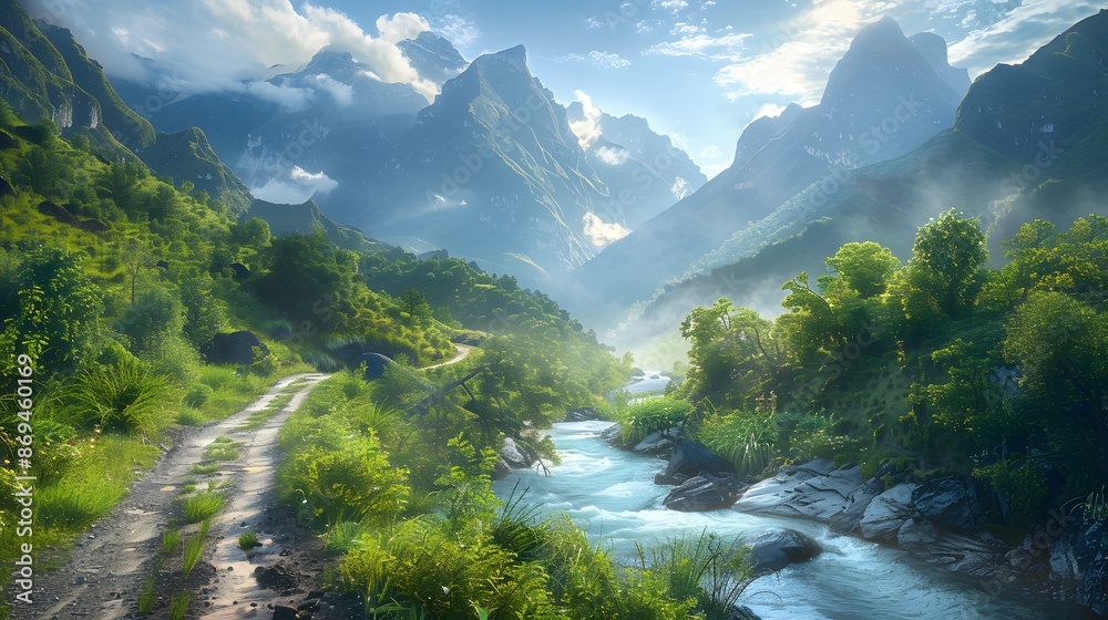 A winding mountain road surrounded by lush greenery, with a crystal-clear river running alongside it and majestic mountains in the distance under a bright, sunny sky. A winding mountain road surrounded by lush greenery, with a crystal-clear river running alongside it and majestic mountains in the distance under a bright, sunny sky.