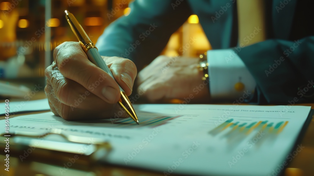 Close-up of a financial advisor writing on a chart with gold pen Close-up of a financial advisor writing on a chart with gold pen