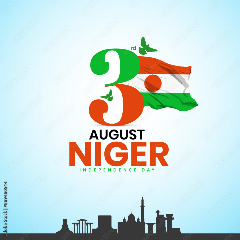 Fototapeta premium Creative Vector illustration of Niger Independence Day by Niger flag bids monuments and typography logo lettering background, Independence Day in the Republic of Niger is commemorated on 3 August.