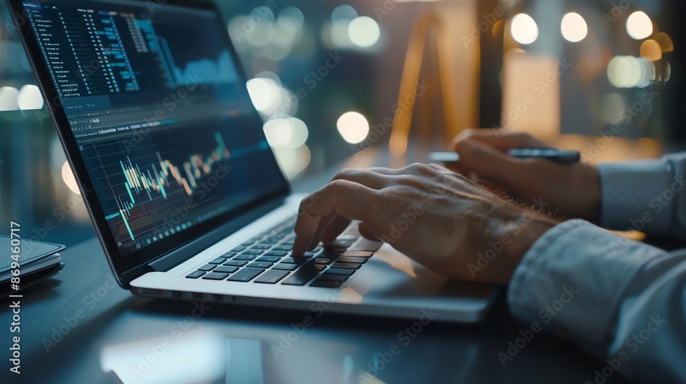 Close-up of a financial advisor conducting analysis on a laptop, wealth management, photorealistic details, modern office, precise lighting, focused expression, high resolution Close-up of a financial advisor conducting analysis on a laptop, wealth management, photorealistic details, modern office, precise lighting, focused expression, high resolution