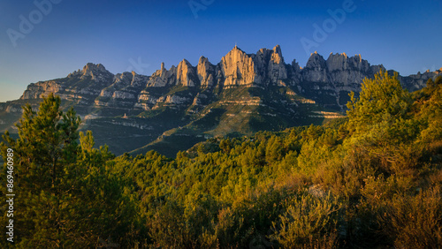 Photography Montserrat mountain in a winter sunrise, seen from the north face, in Marganell