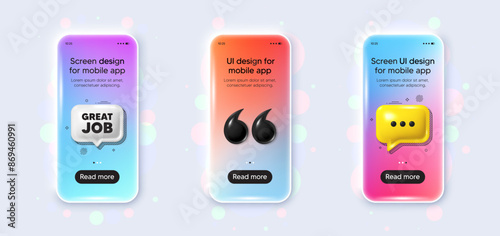 Phone 3d mockup gradient screen. Great job tag. Recruitment agency sign. Hire employees symbol. Great job phone mockup message. 3d chat speech bubble. Yellow text box app. Vector