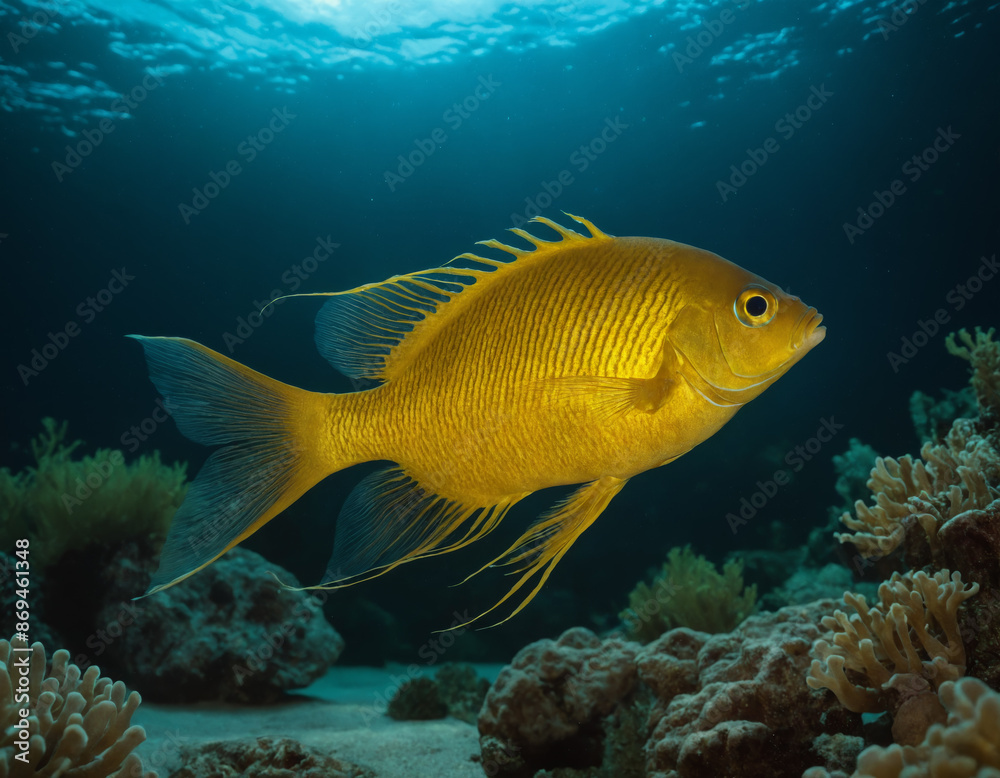 Yellow Fish Swimming in Ocean Among Coral Reefs Yellow Fish Swimming in Ocean Among Coral Reefs