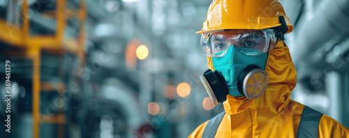 Worker in hazmat suit and respirator in industrial setting. © Rona_65