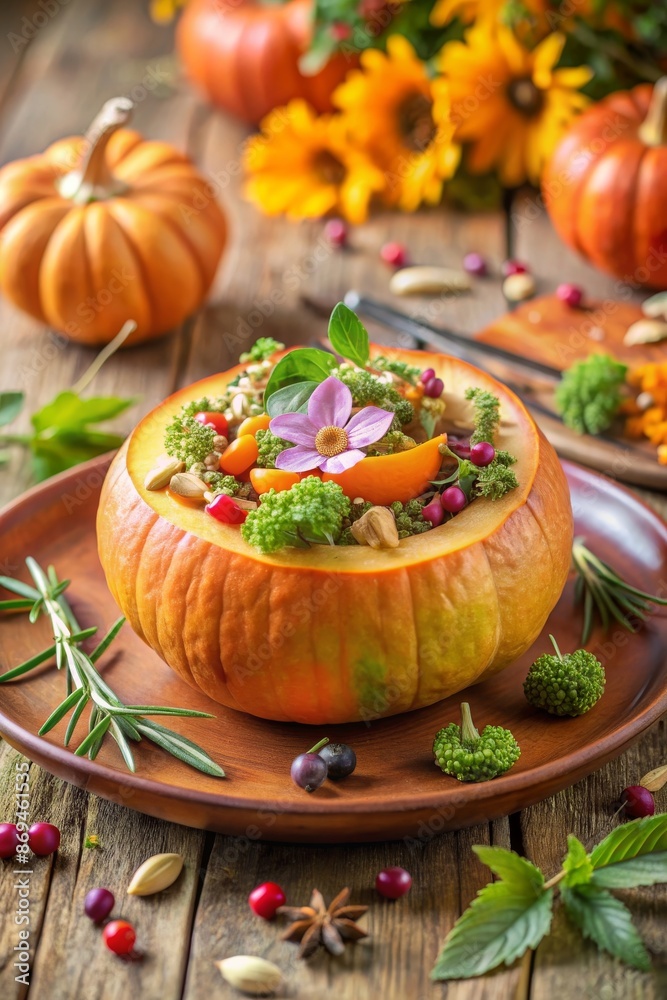 Autumn-themed dish featuring a stuffed pumpkin filled with grains and herbs, garnished with fresh greens and flowers. The table is adorned with pumpkins and fall decorations. Autumn-themed dish featuring a stuffed pumpkin filled with grains and herbs, garnished with fresh greens and flowers. The table is adorned with pumpkins and fall decorations.