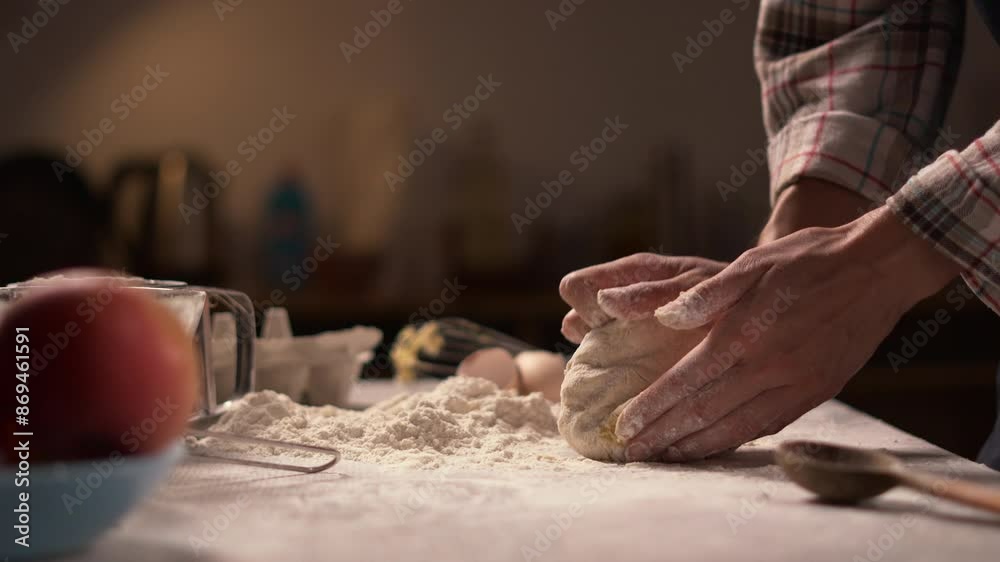 Close-up of woman's hands kneading dough on a floured surface. The scene, set in a cozy kitchen, captures the traditional and tactile aspects of preparing homemade bread, highlighting the warmth and Close-up of woman's hands kneading dough on a floured surface. The scene, set in a cozy kitchen, captures the traditional and tactile aspects of preparing homemade bread, highlighting the warmth and