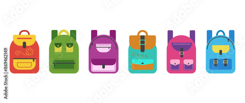 School backpack icon, cartoon rucksack set front view, school bag, colorful haversack, cute child knapsack isolated on white background. Education vector illustration