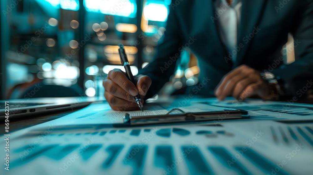 Close-up of financial advisor drawing on a graph with pen, wealth management, detailed assets, photorealistic textures, elegant office, realistic lighting, professional focus Close-up of financial advisor drawing on a graph with pen, wealth management, detailed assets, photorealistic textures, elegant office, realistic lighting, professional focus