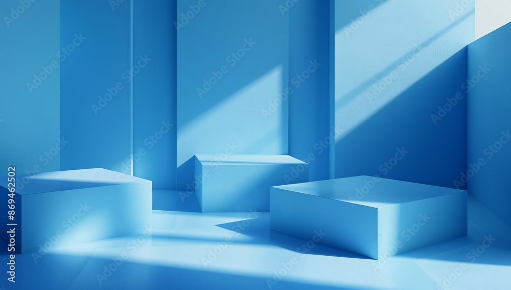 Fototapeta premium A dynamic abstract image featuring various blue cubes floating in a minimalist blue background