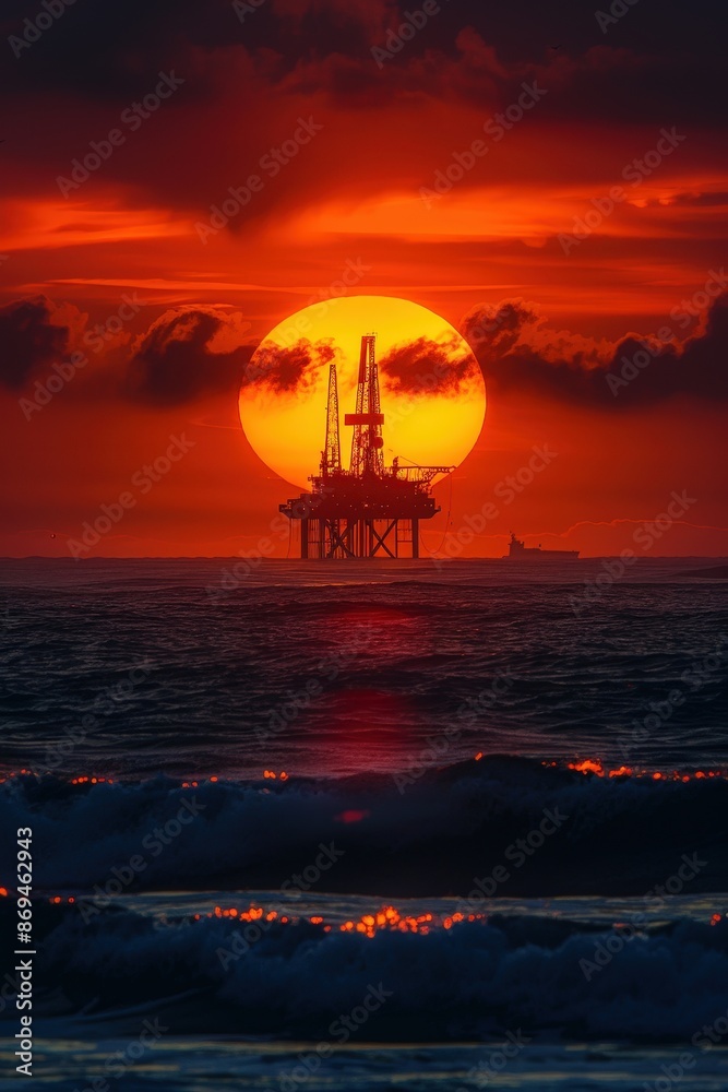 Captivating image of an offshore oil rig silhouetted against a vibrant sunset, with dramatic clouds and ocean waves in the foreground. Captivating image of an offshore oil rig silhouetted against a vibrant sunset, with dramatic clouds and ocean waves in the foreground.