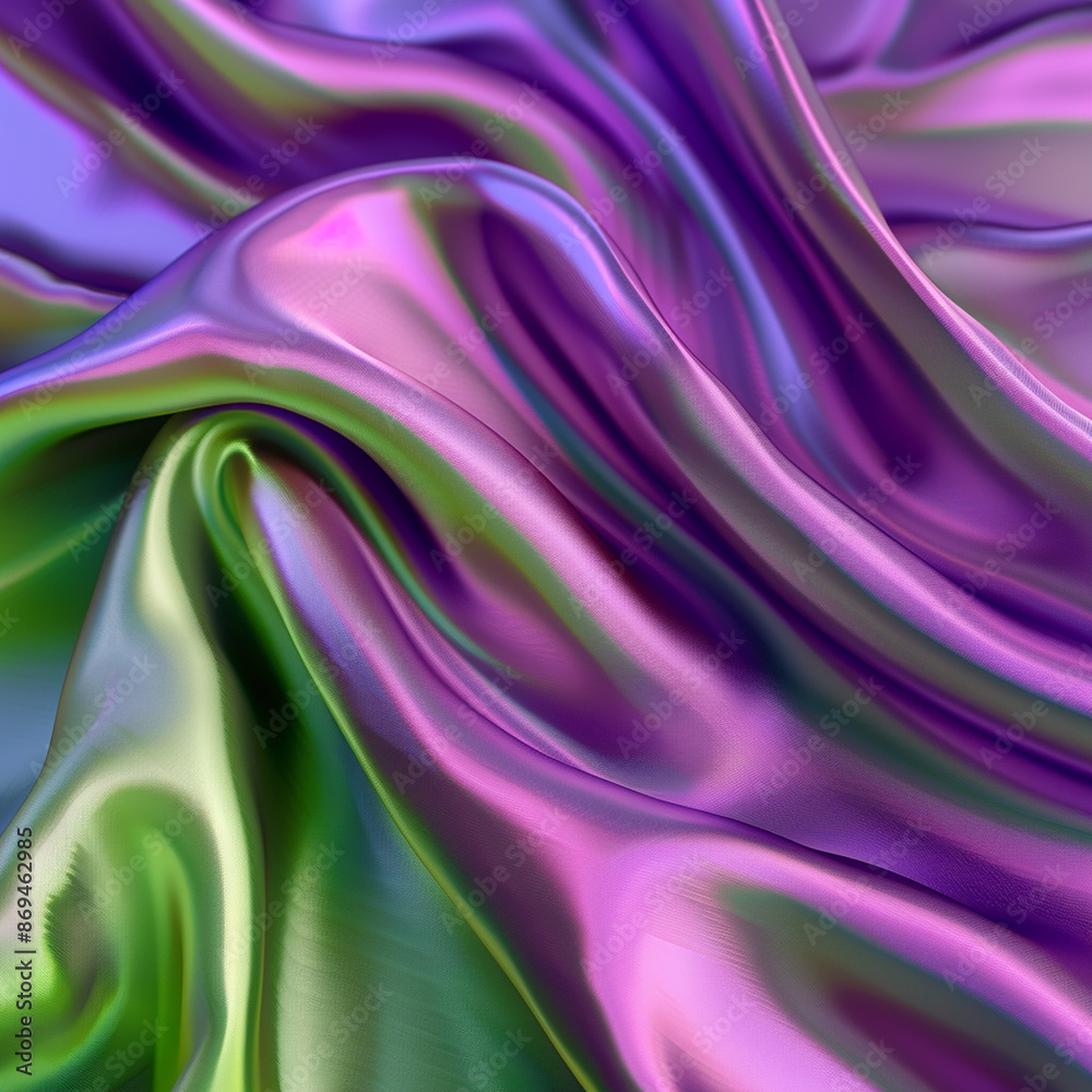 Fototapeta premium Colorful silk fabric with a blend of purple, green, and pink hues, creating a luxurious and vibrant texture. The folds and curves add depth and movement to the image, suitable for backgrounds 
