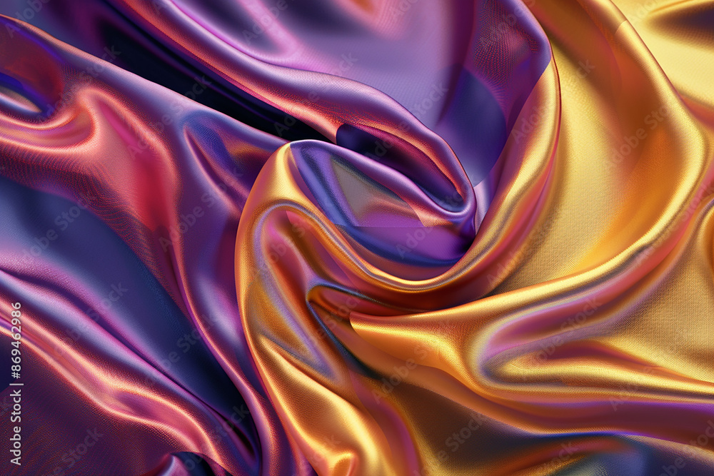 Multicolored satin fabric with vibrant hues of purple, gold, and orange creating a luxurious and dynamic texture. The rich, flowing fabric is perfect for opulent backgrounds and designs. Multicolored satin fabric with vibrant hues of purple, gold, and orange creating a luxurious and dynamic texture. The rich, flowing fabric is perfect for opulent backgrounds and designs.