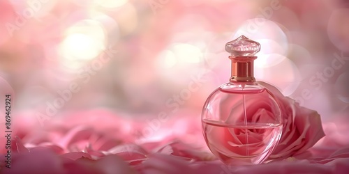 Exquisite rose perfume encased in a glass bottle topped with a golden cap. Concept Fragrance design, Luxury packaging, Decorative accents, Floral scent, Premium presentation