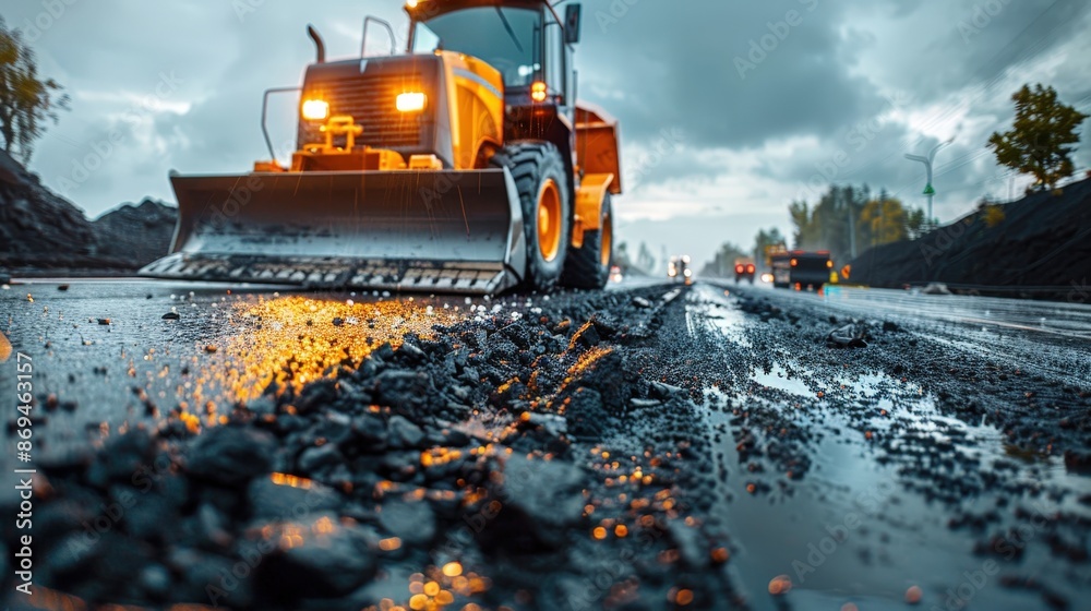 Close-up of a construction vehicle paving a road at dusk, with dramatic clouds and reflections on wet asphalt. Close-up of a construction vehicle paving a road at dusk, with dramatic clouds and reflections on wet asphalt.