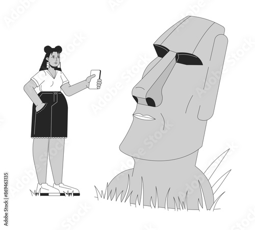 Curvy latina tourist taking photo of moai statue black and white 2D line cartoon character. Female with phone isolated vector outline person. Easter island tour monochromatic flat spot illustration