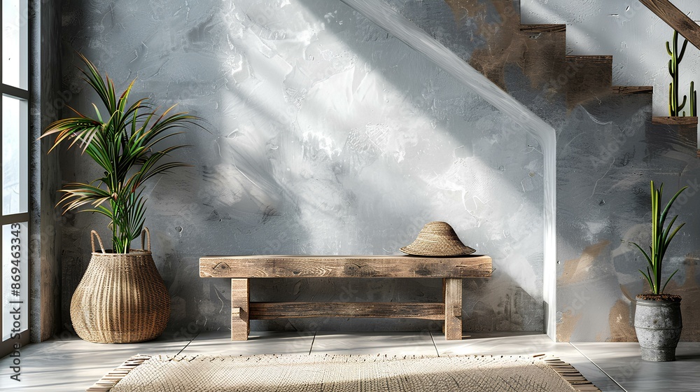 Sunlit Room with Textured Wall and Rustic Bench Sunlit Room with Textured Wall and Rustic Bench