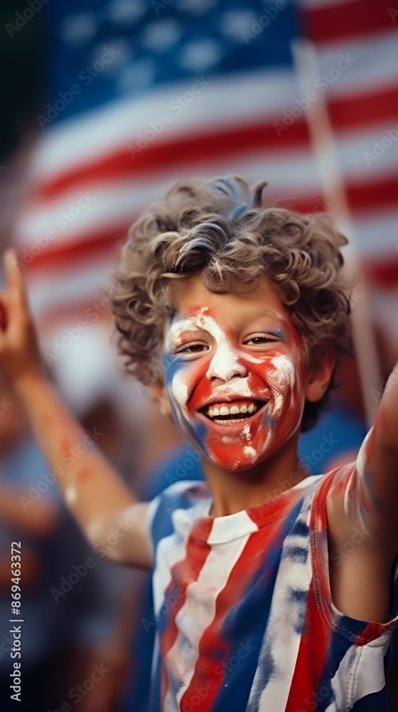 A smiling child with face paint in American flag colors celebrates with large flag in background. A smiling child with face paint in American flag colors celebrates with large flag in background.