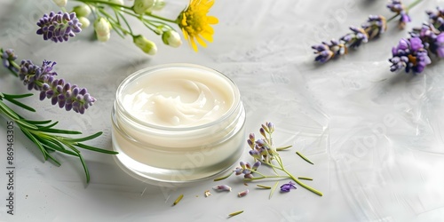 Artisanal Facial Cream Infused with Fresh Herbs and Essential Oils in a Jar. Concept Herbal Skincare, Natural Beauty Products, Homemade Remedies, Aromatic Ingredients, Sustainable Packaging photo