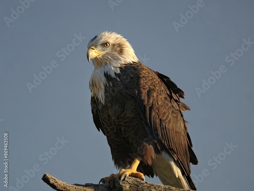 Bald eagle perched on a branch against a clear blue sky in the early morning light
