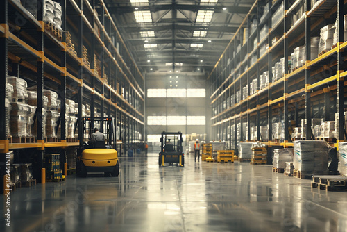 A vast warehouse interior with towering shelves stocked with various goods, forklifts in operation, and workers managing inventory. The scene emphasizes organization and industrial efficiency.